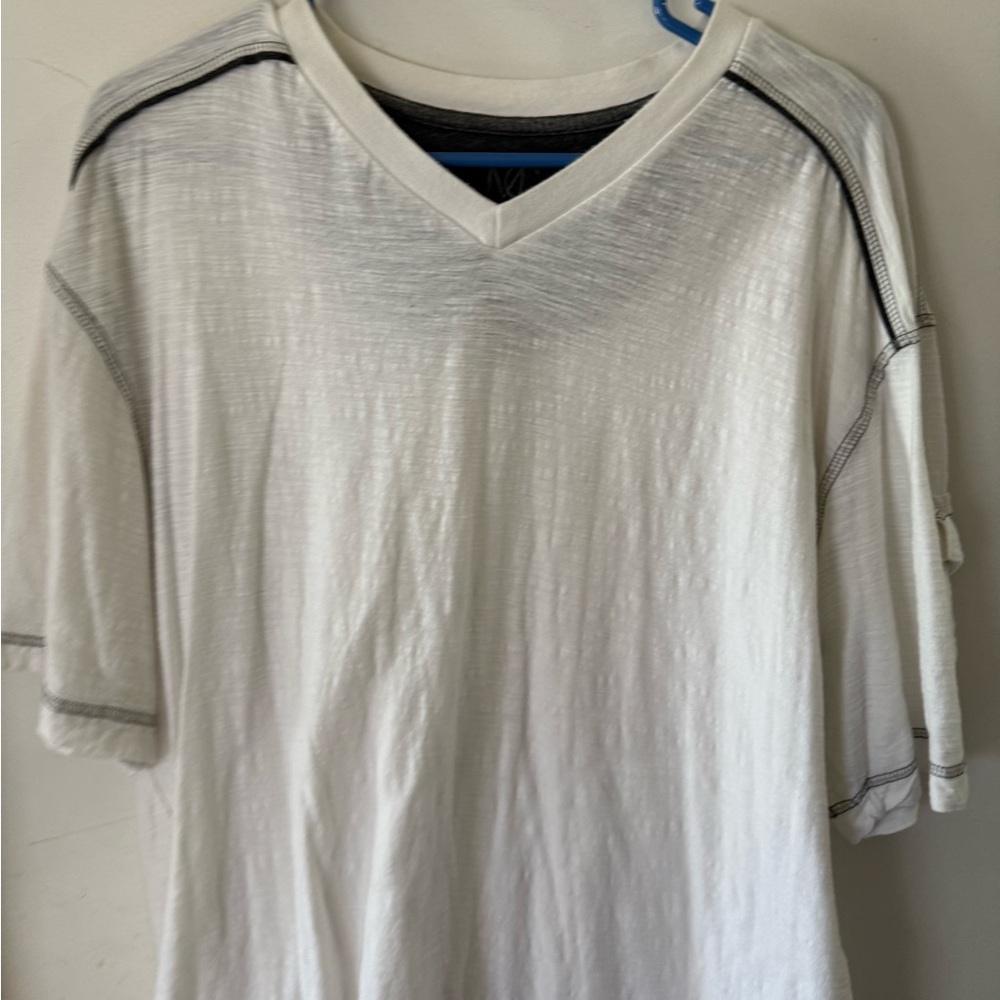 Men’s White V Neck Tee Shirt W Pocket On The Sleeve W Black Stitching 3X